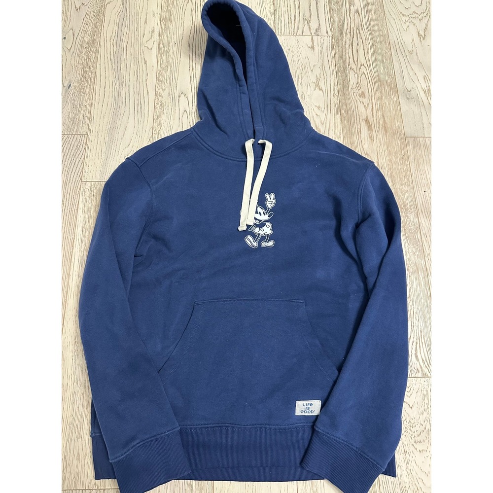 Life is Good Womens Disney Mickey Mouse Peace Sign Hoodie Navy Blue Small